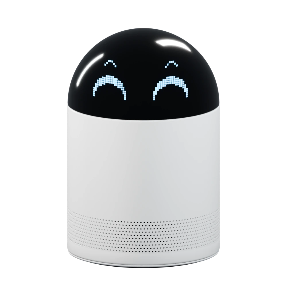 Illy device with a white cylindrical body, dark full dome, blue pixel eyes, and a speaker grille